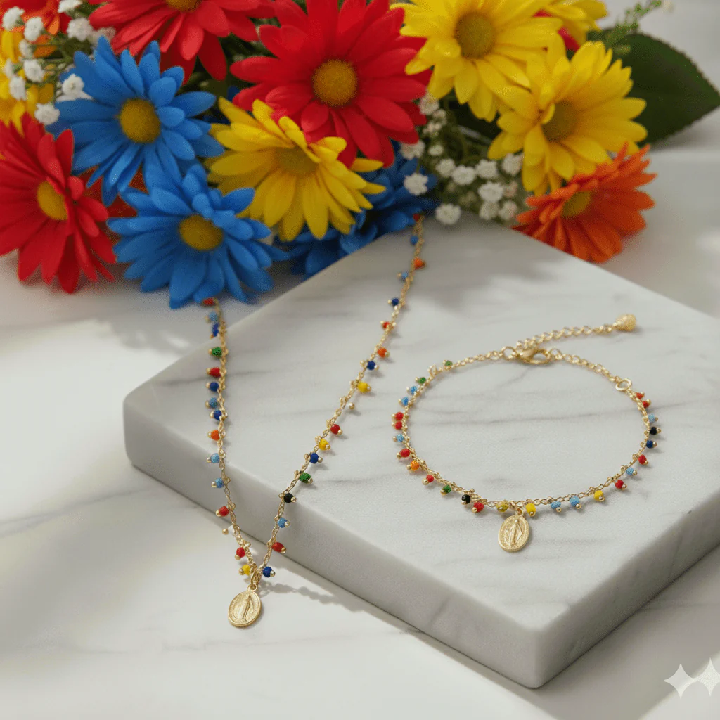 Gold-Plated Miraculous Medal Multicolored Bead Bracelet — Adjustable - Image 3