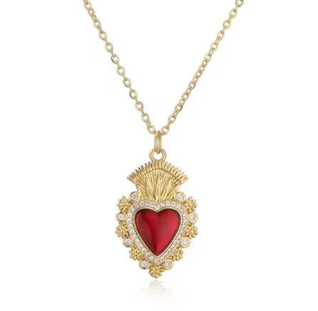 Gold-Plated Sacred Heart Red Heart Necklace with White Zirconia 18" - Image 12