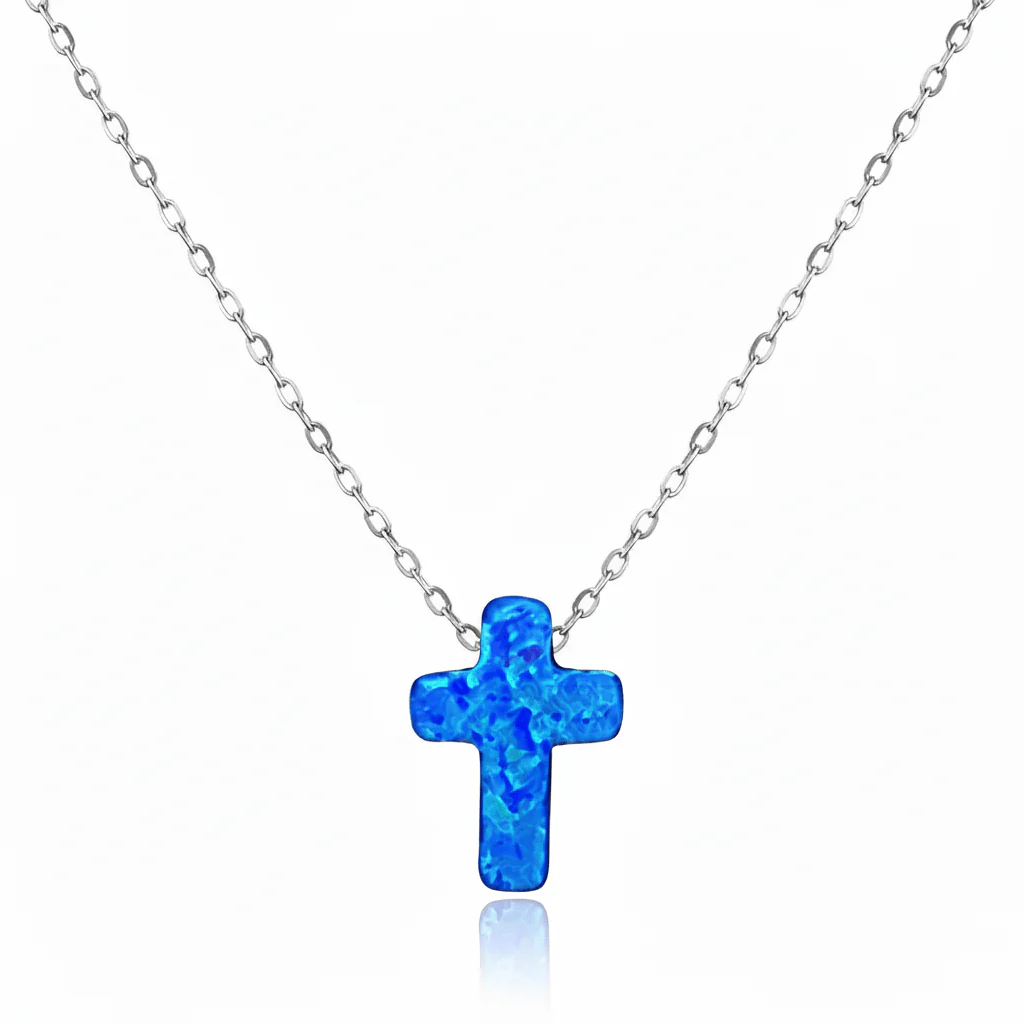Silver Cross Charm Necklace w/ Blue Opal 18-inch