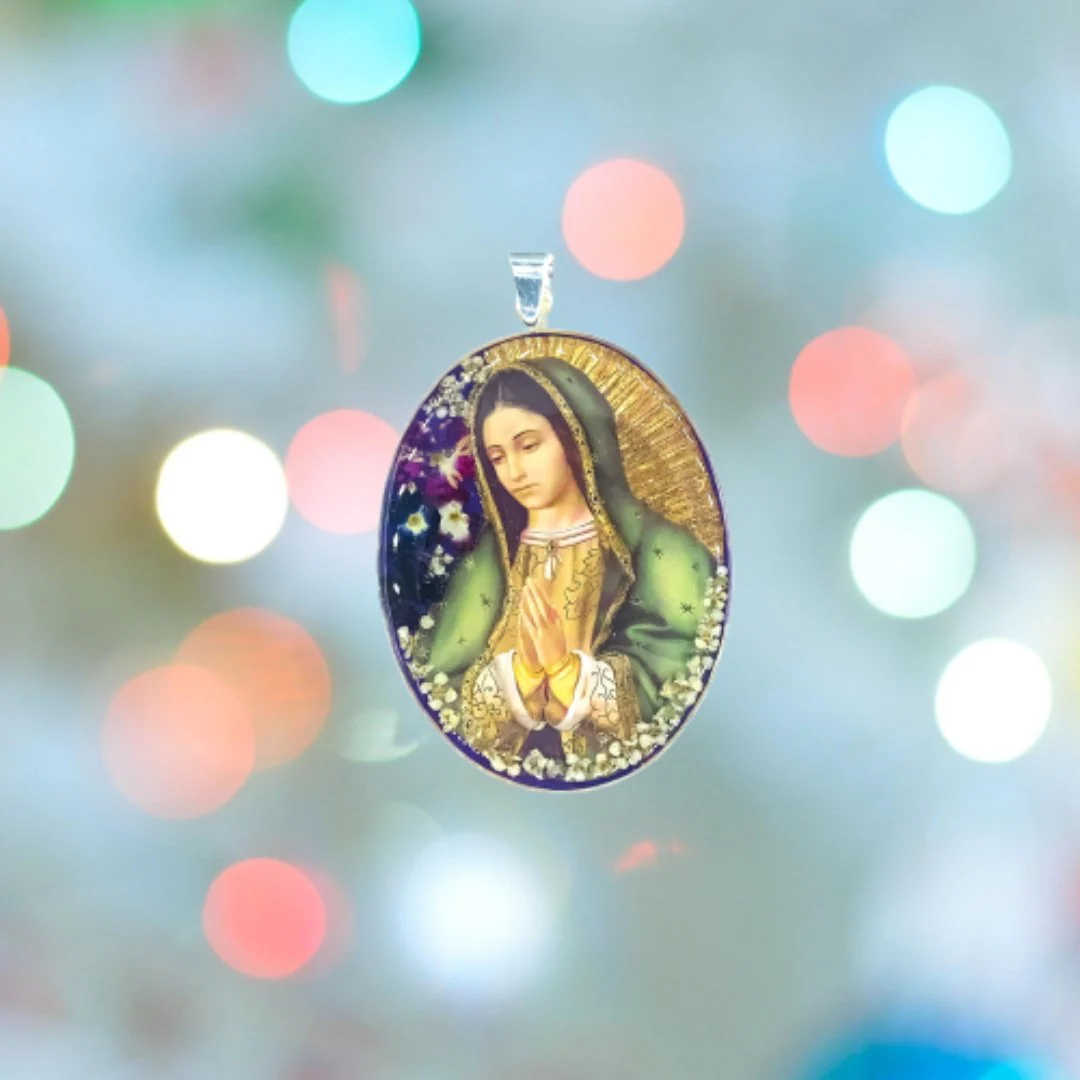 Our Lady Guadalupe Oval Medallion w/ Pressed Flowers 1 19/10" x 2 1/2" - Image 2