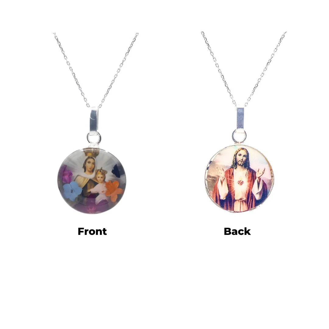 Our Lady of Mount Carmel Scapular Medal Necklace — Sterling Silver with Pressed Flowers (Round, 18") - Image 3