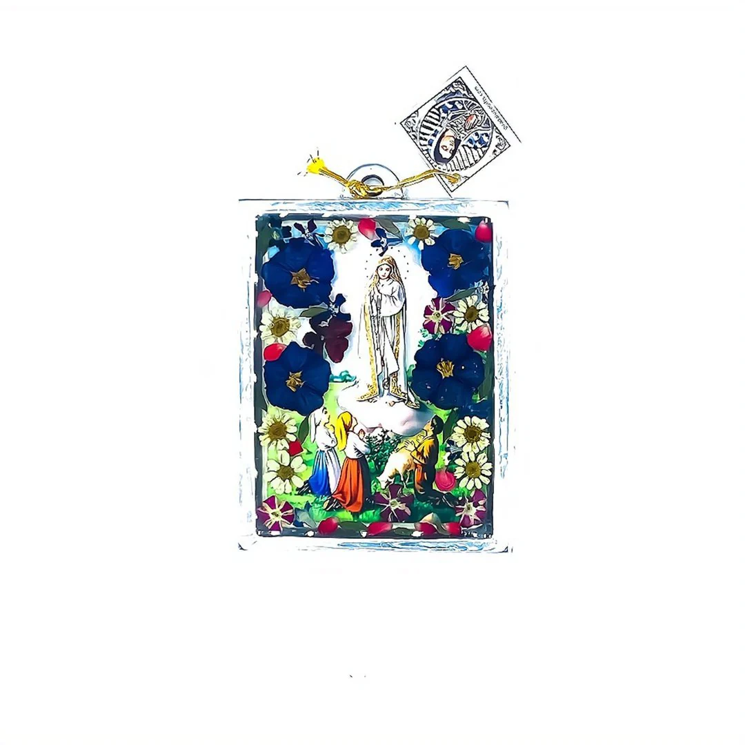 Our Lady of Fatima Square-Shaped Wall Frame w/ Pressed Flowers 4.5" x 3.2"