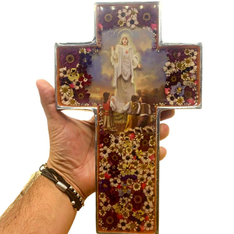 Our Lady of Fatima Grand Wall Cross w/ Pressed Flowers 11" - Image 5