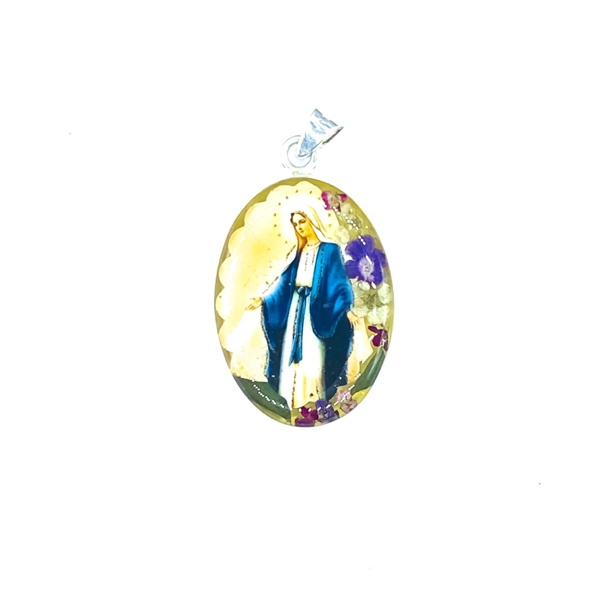 Our Lady of Grace Large Oval Pendant w/ Pressed Flowers 18-inch - Image 2