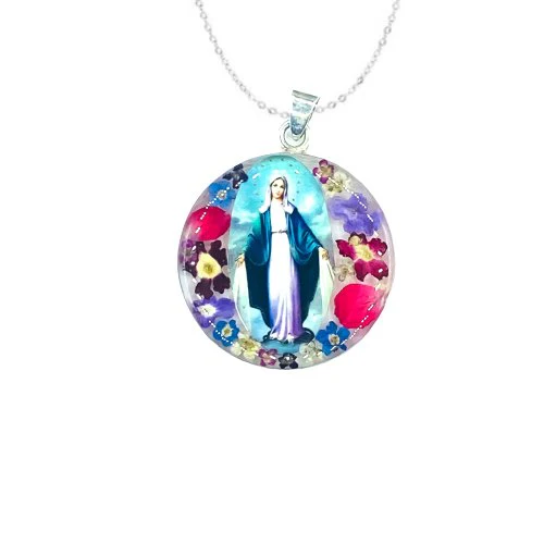Our Lady of Grace Large Round Pendant w/ Pressed Flowers 18-inch