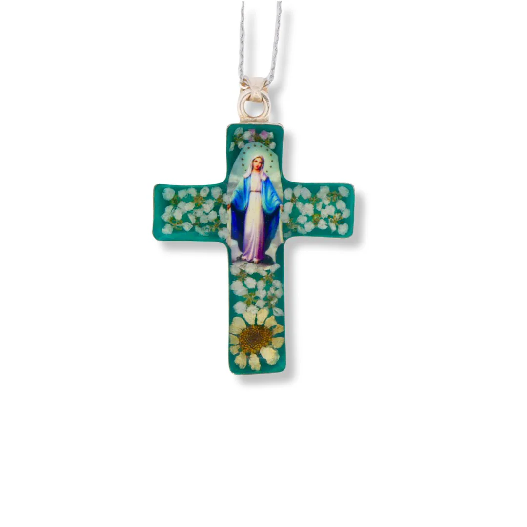 Our Lady of Grace Medium Cross Necklace w/ Pressed Flowers 18-inch