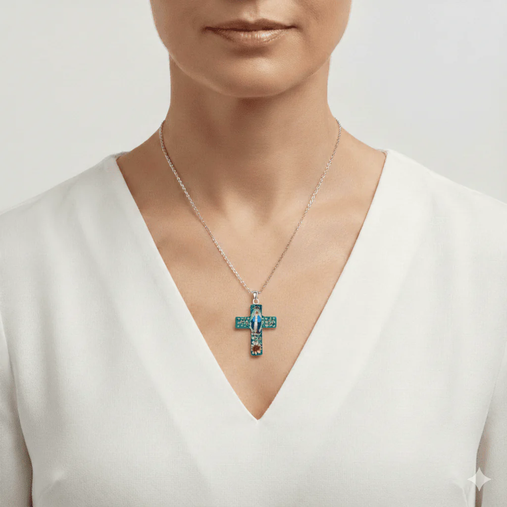Our Lady of Grace Medium Cross Necklace w/ Pressed Flowers 18-inch - Image 2
