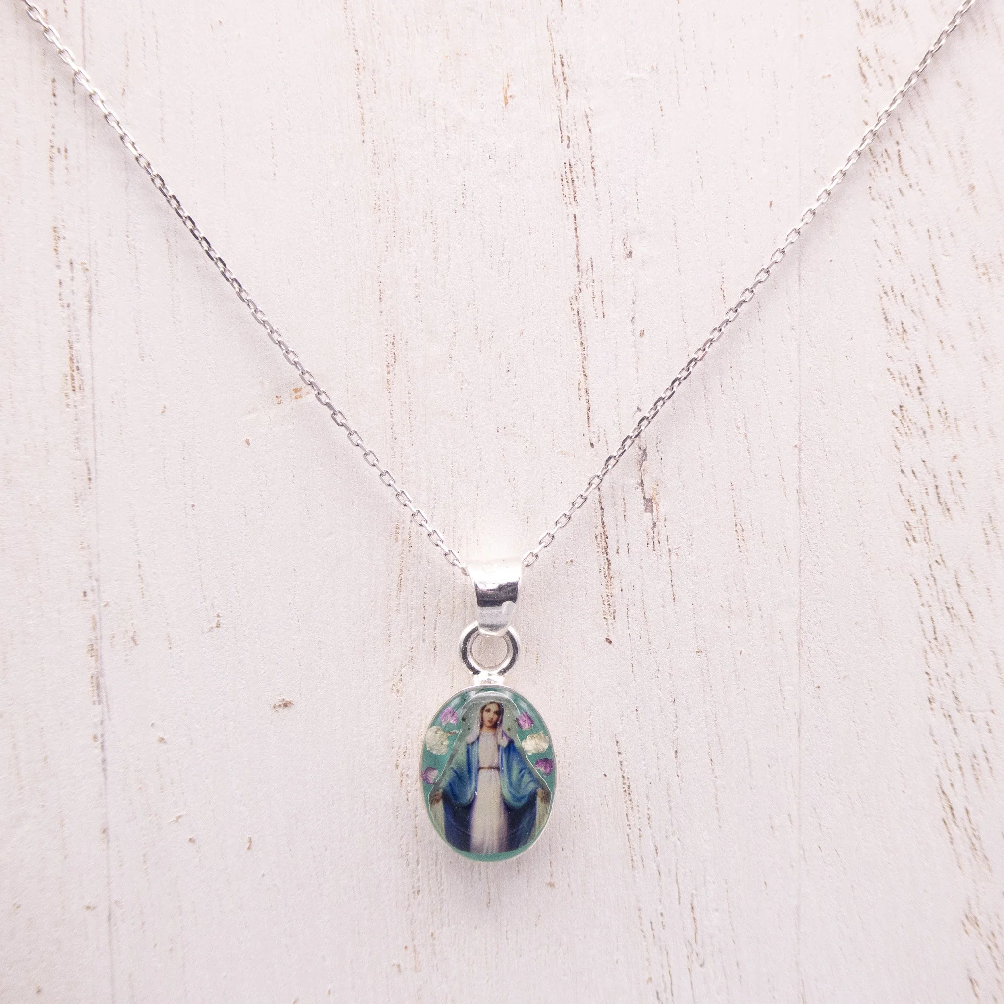Our Lady of Grace Mini Oval Pendant w/ Pressed Flowers 18-inch - Image 3