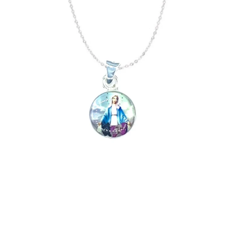 Our Lady of Grace Mini Round Pendant w/ Pressed Flowers 18-inch