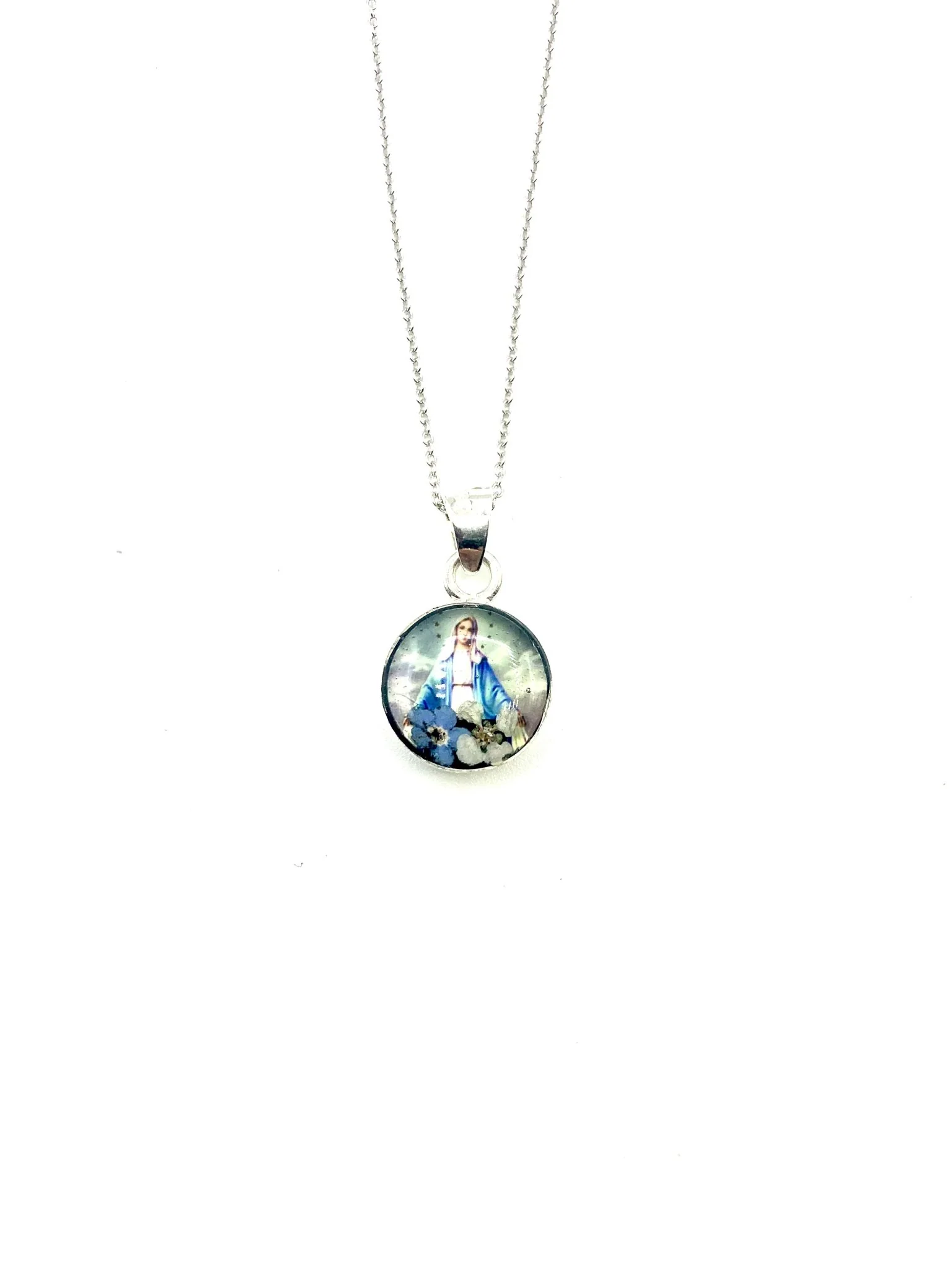Our Lady of Grace Mini Round Pendant w/ Pressed Flowers 18-inch - Image 3