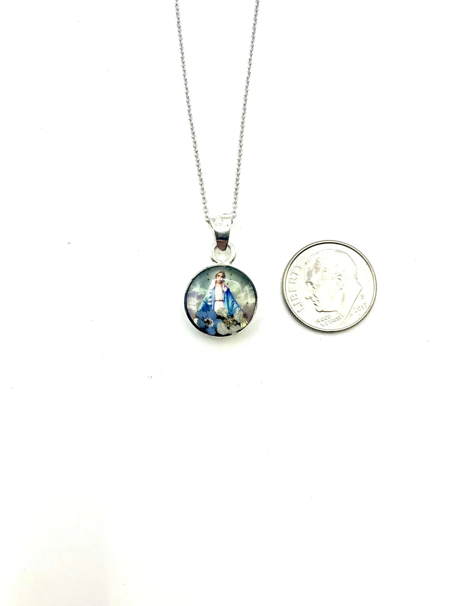 Our Lady of Grace Mini Round Pendant w/ Pressed Flowers 18-inch - Image 5
