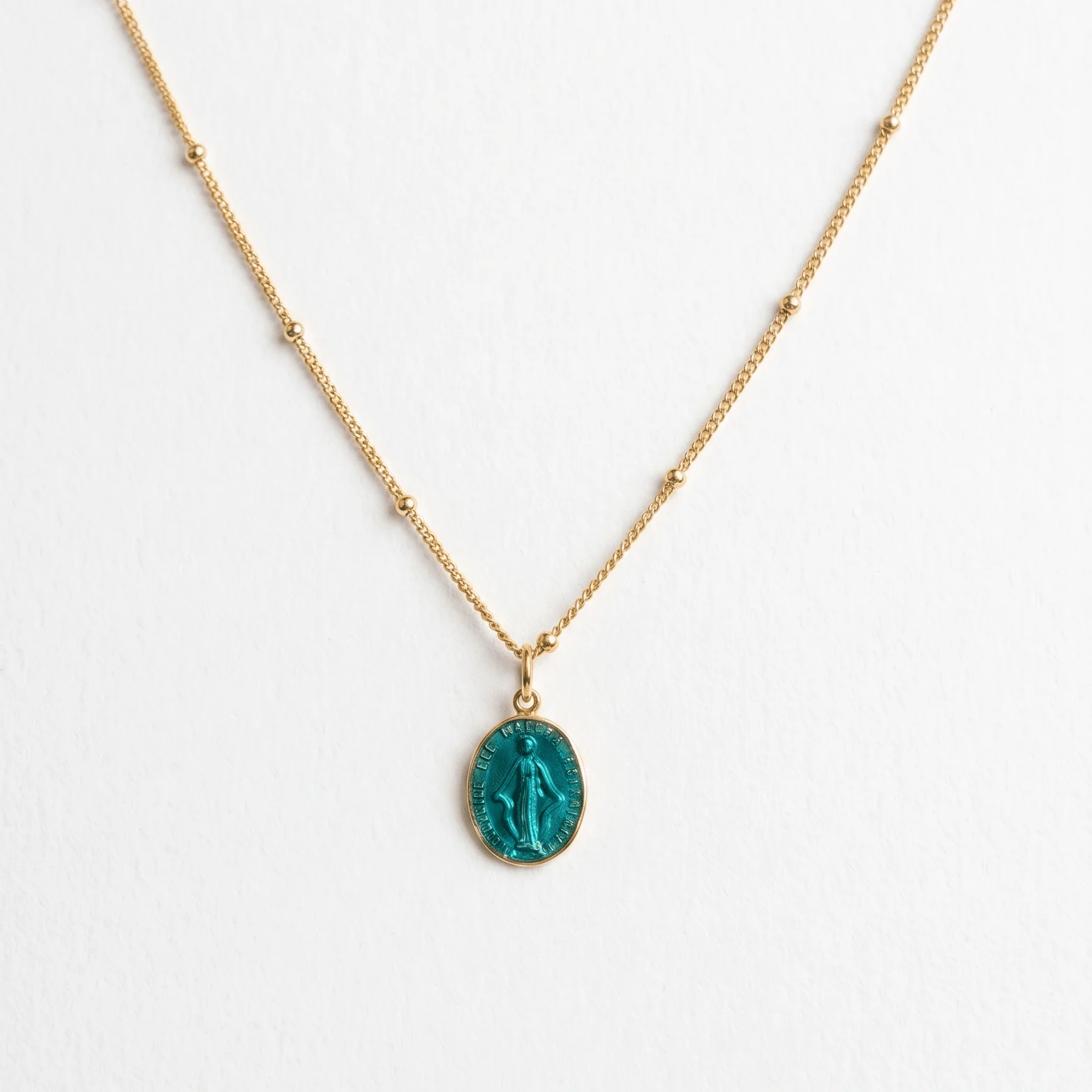Gold-Plated Our Lady of Grace Petite Medal Necklace in Turquoise Enamel 16"+2"