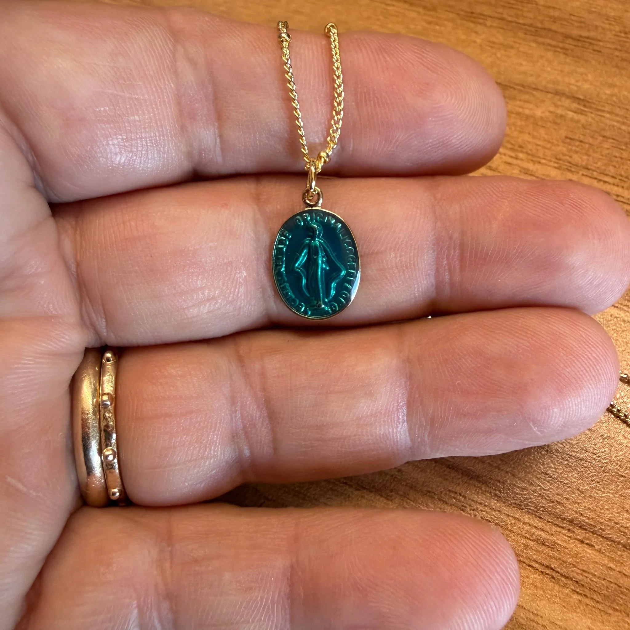 Gold-Plated Our Lady of Grace Petite Medal Necklace in Turquoise Enamel 16"+2" - Image 2