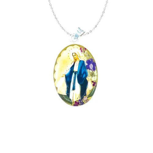 Our Lady of Grace Small Oval Pendant w/ Pressed Flowers 18-inch