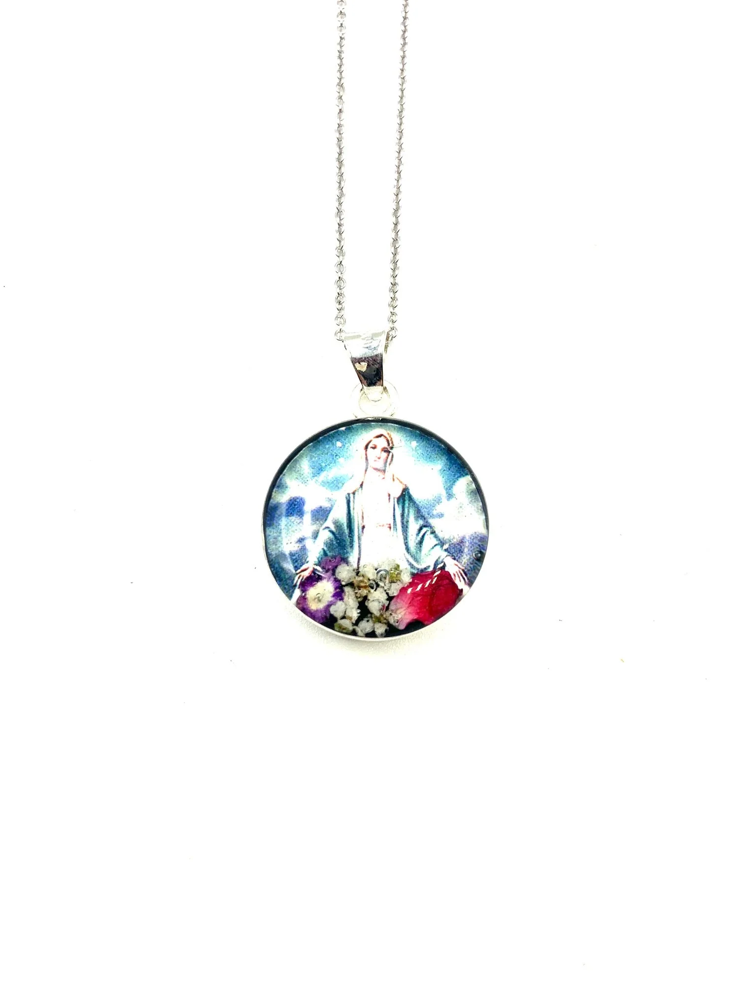 Our Lady of Grace Small Round Pendant w/ Pressed Flowers 18-inch - Image 3