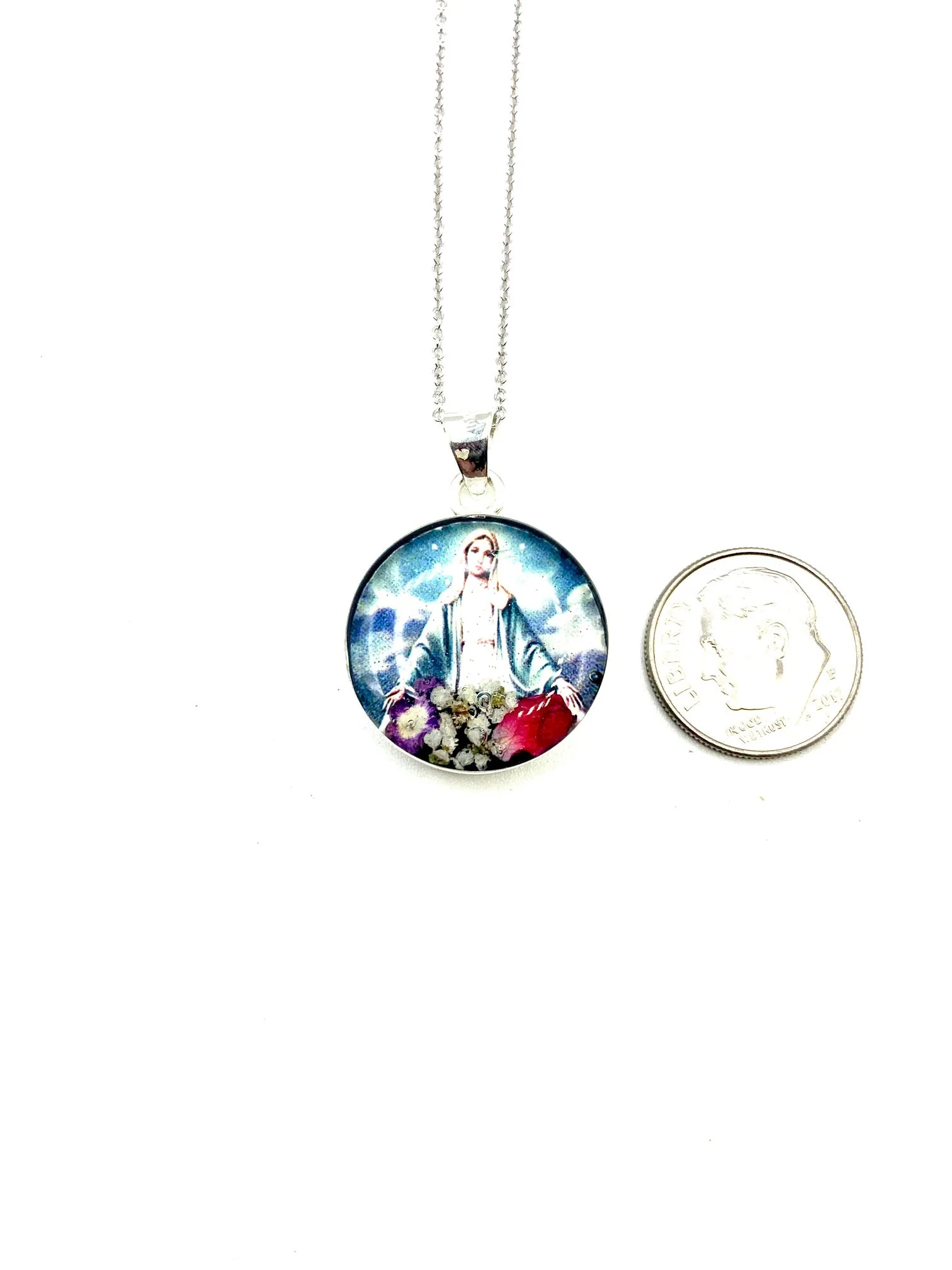 Our Lady of Grace Small Round Pendant w/ Pressed Flowers 18-inch - Image 5