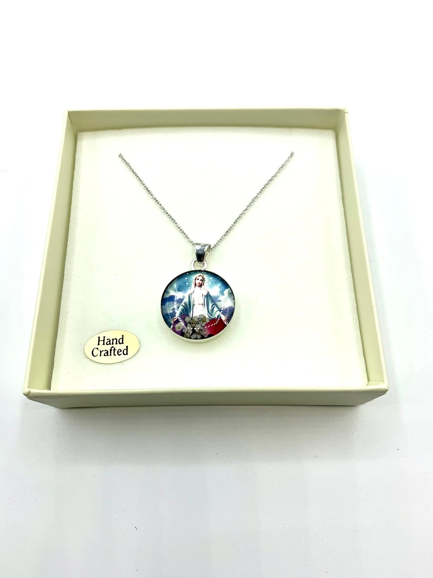 Our Lady of Grace Small Round Pendant w/ Pressed Flowers 18-inch - Image 6