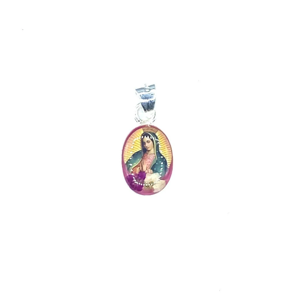 Our Lady of Guadalupe Mini Oval Pendant w/ Pressed Flowers 18-inch - Image 3