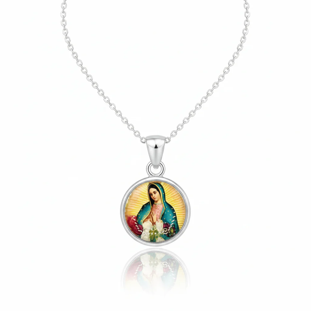 Our Lady of Guadalupe Mini Round Pendant w/ Pressed Flowers 18-inch