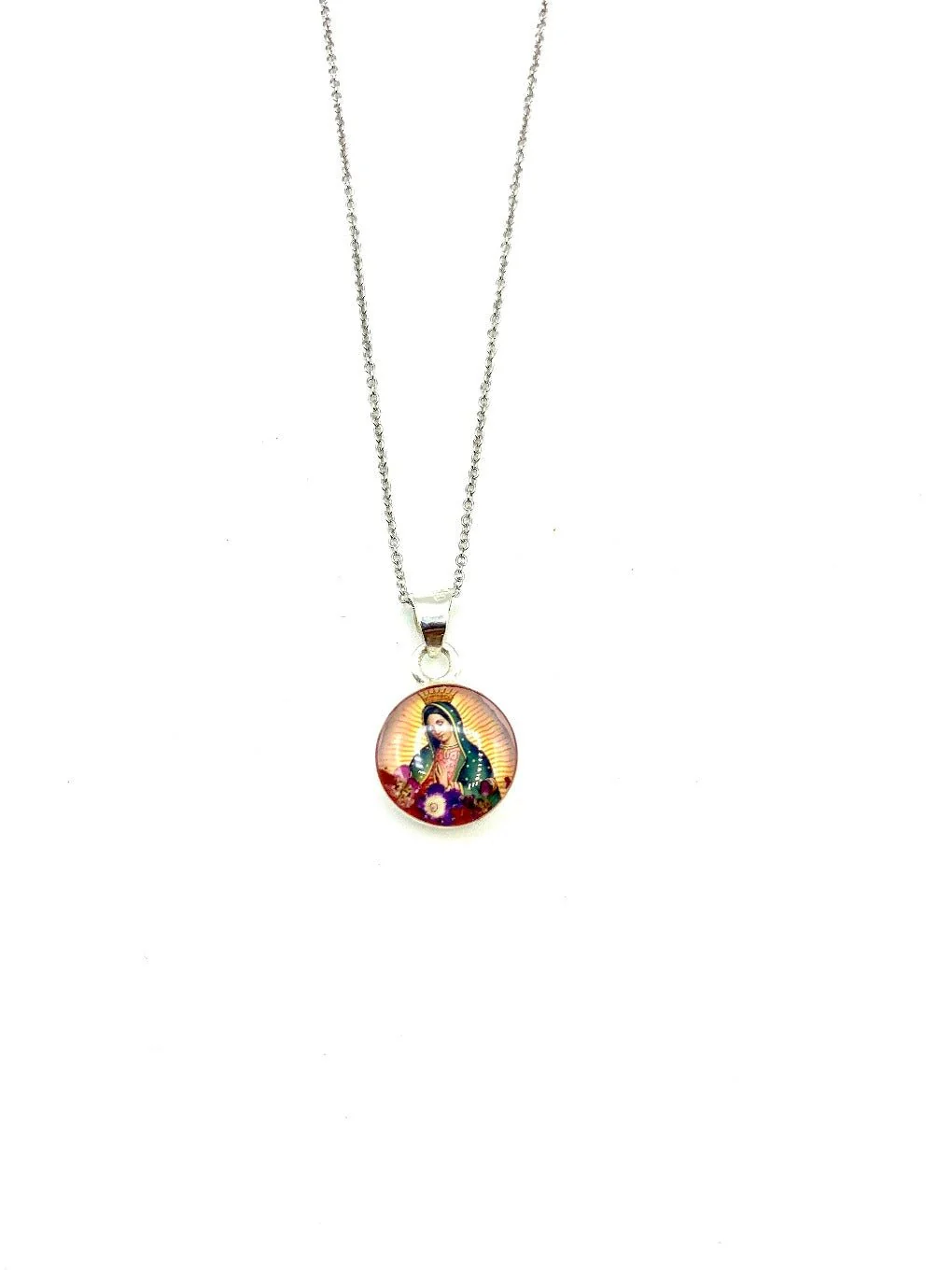 Our Lady of Guadalupe Mini Round Pendant w/ Pressed Flowers 18-inch - Image 3
