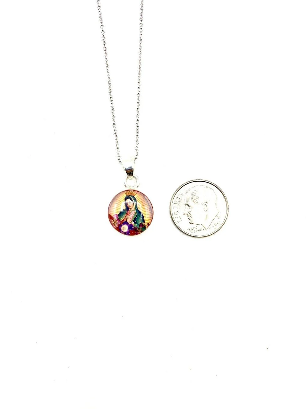 Our Lady of Guadalupe Mini Round Pendant w/ Pressed Flowers 18-inch - Image 4