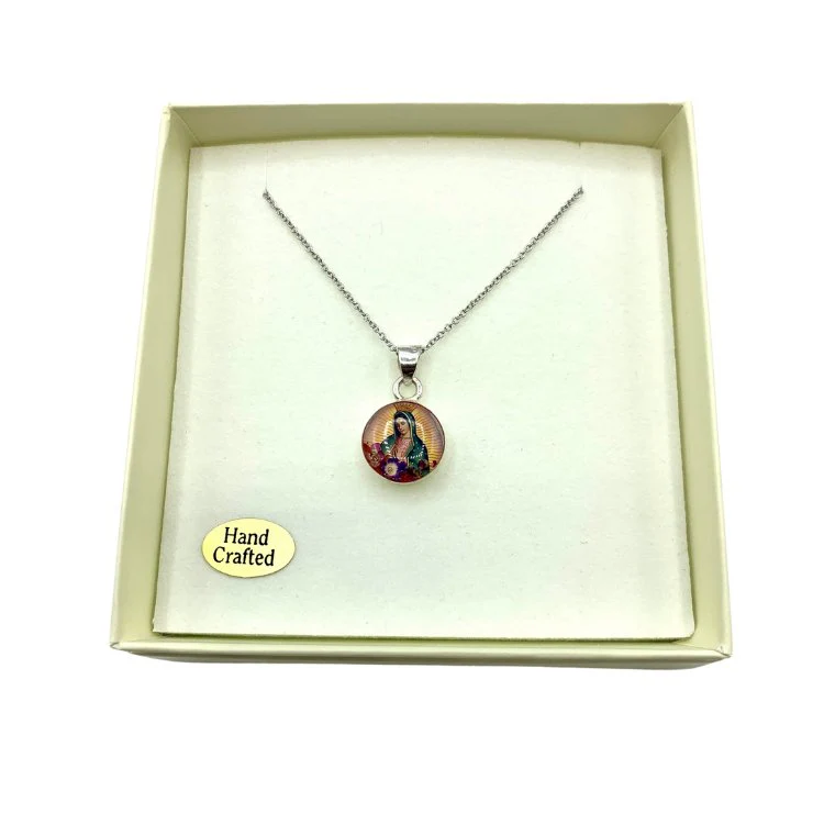 Our Lady of Guadalupe Mini Round Pendant w/ Pressed Flowers 18-inch - Image 6