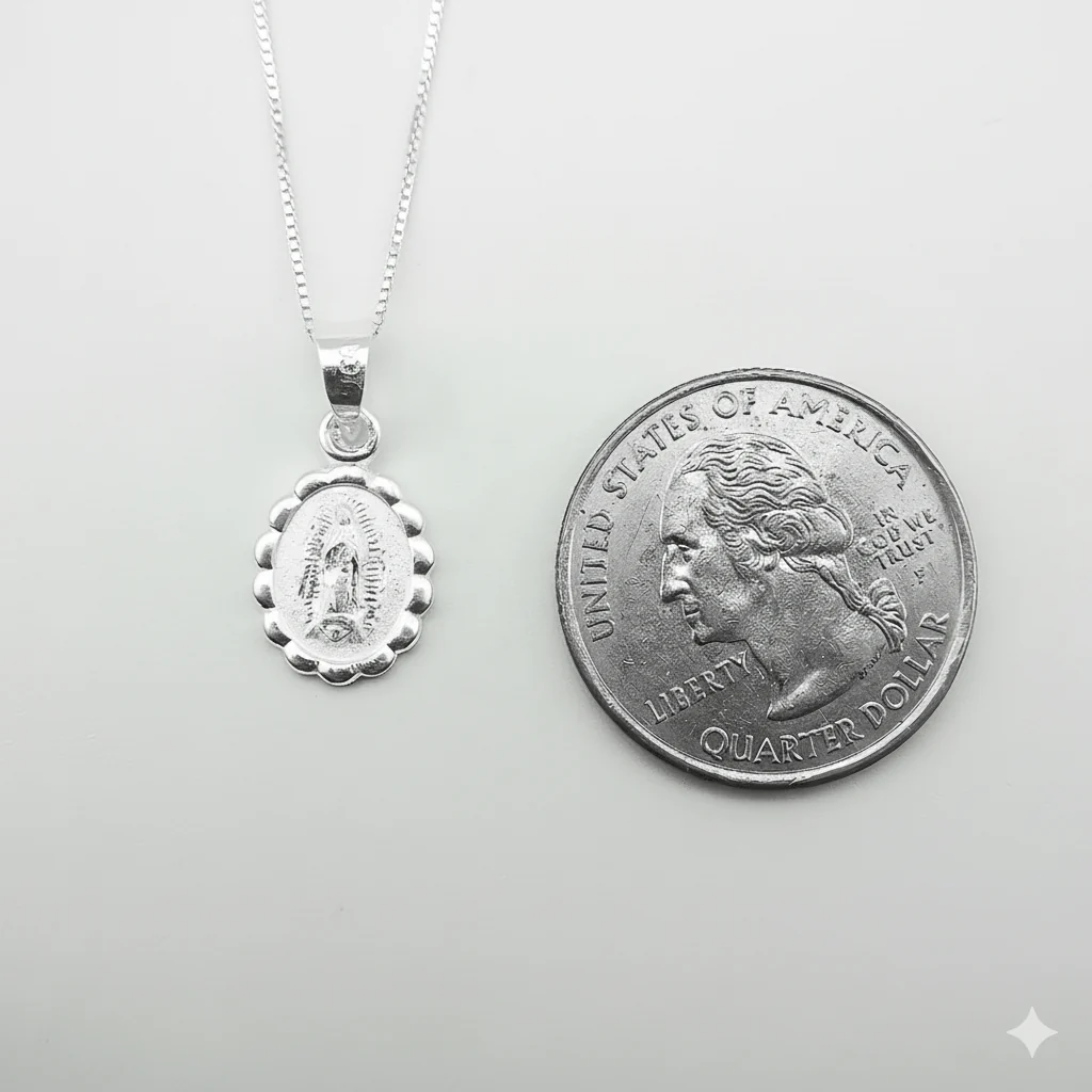 Silver Our Lady of Guadalupe Medal Mini Oval Floral Necklace 18-inch - Image 3