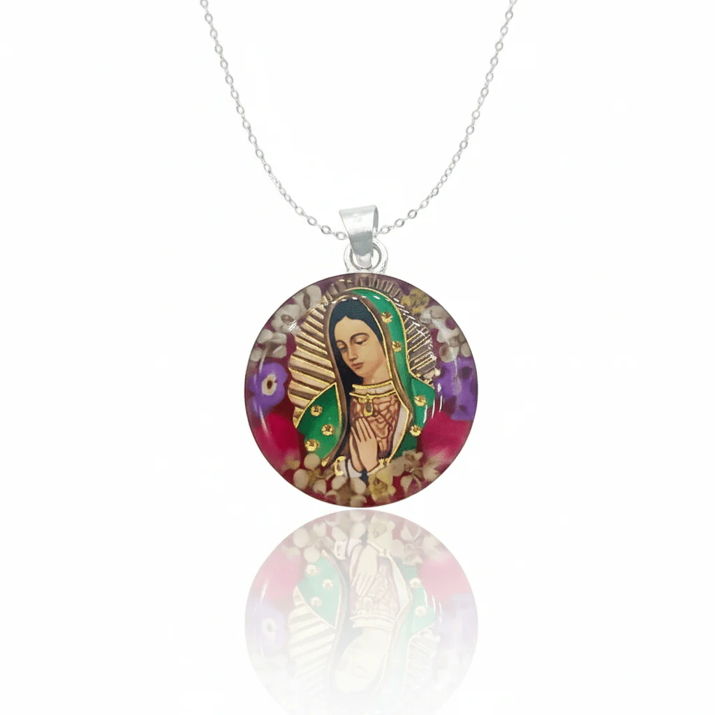 Our Lady of Guadalupe Small Round Pendant w/ Pressed Flowers 18-inch