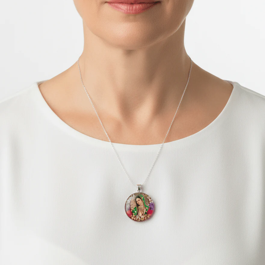 Our Lady of Guadalupe Small Round Pendant w/ Pressed Flowers 18-inch - Image 2