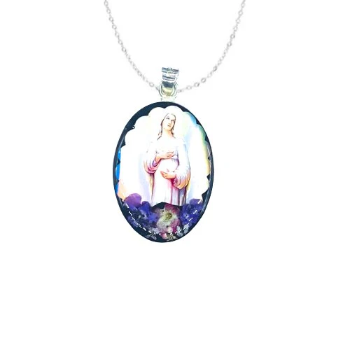Our Lady of Hope Medium Oval Pendant w/ Pressed Flowers 18-inch
