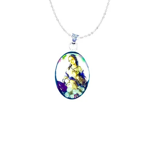Our Lady of Hope Small Oval Pendant w/ Pressed Flowers 18-inch