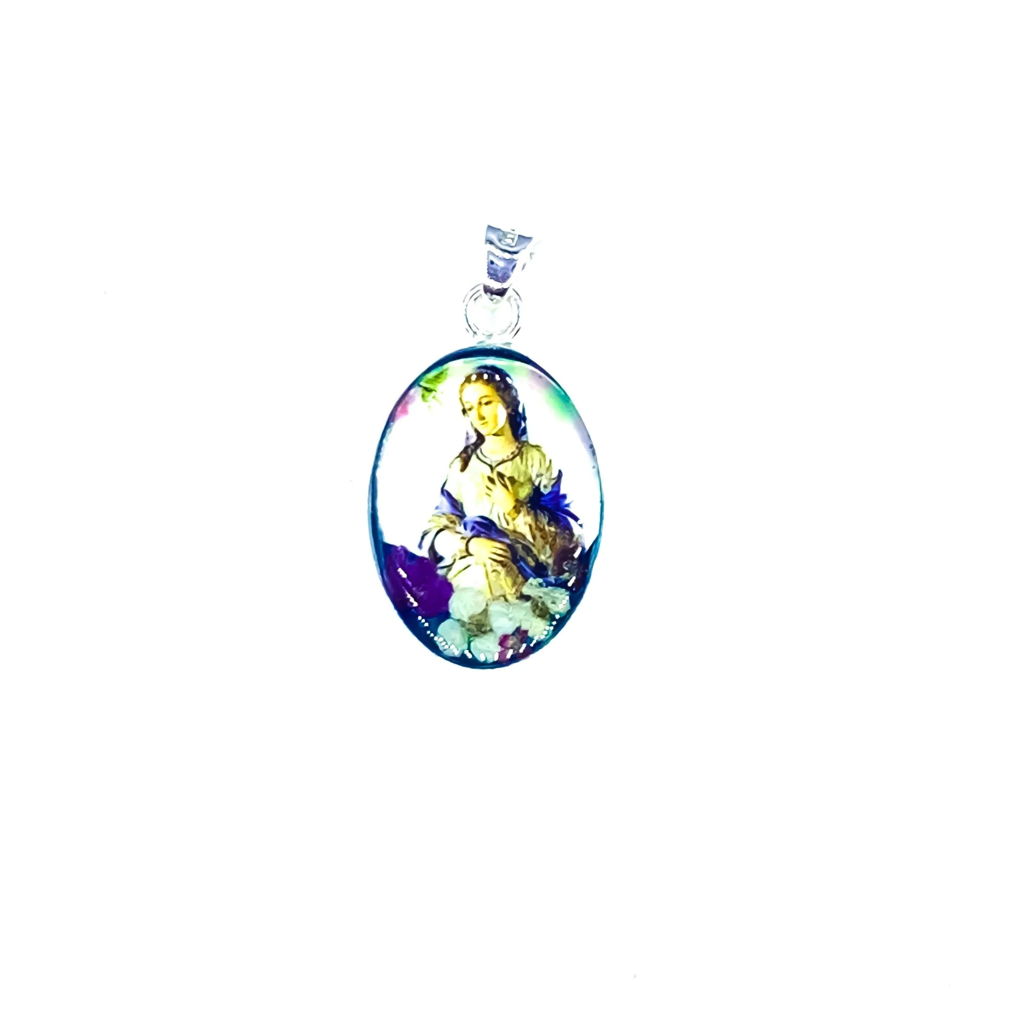 Our Lady of Hope Small Oval Pendant w/ Pressed Flowers 18-inch - Image 2