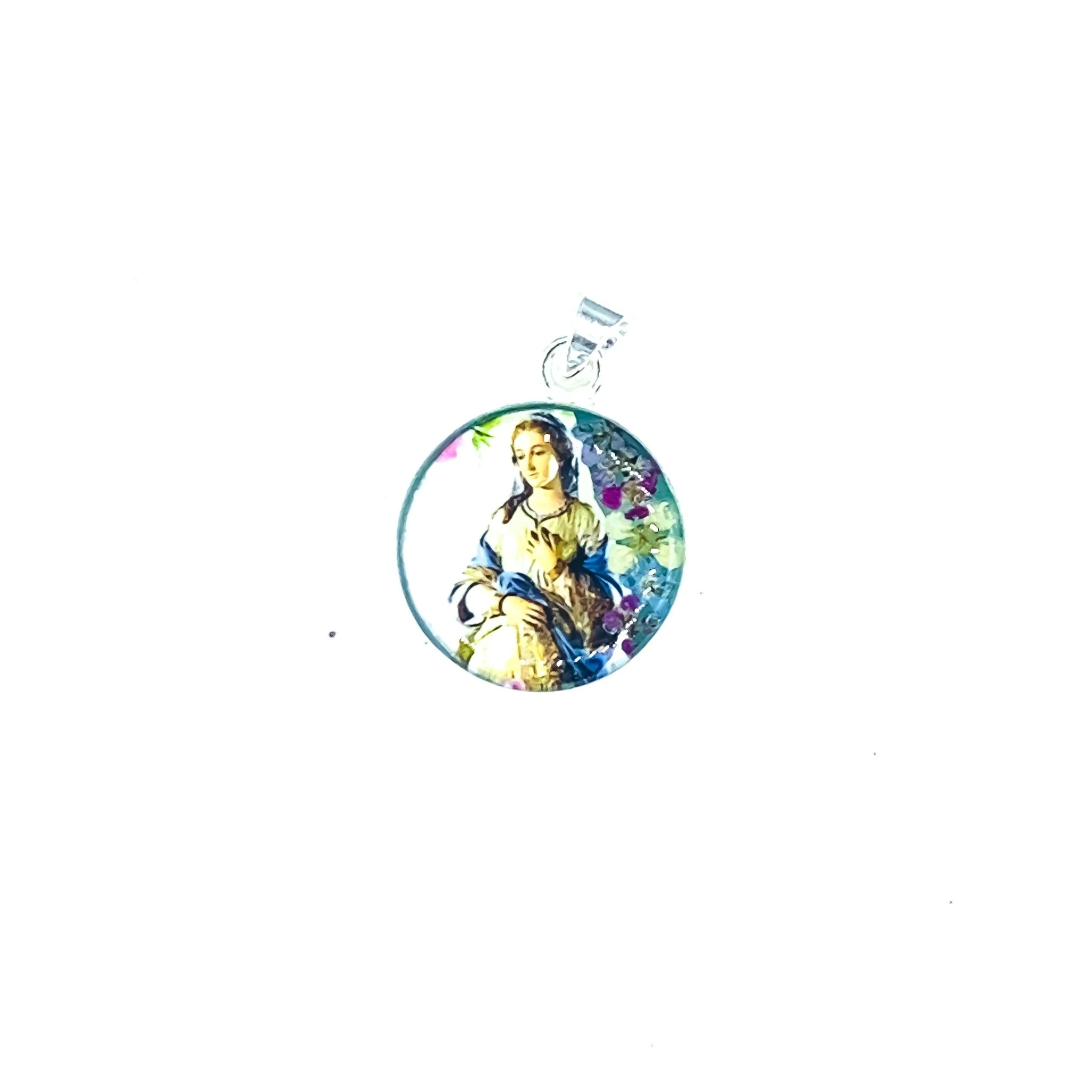 Our Lady of Hope Small Round Pendant w/ Pressed Flowers 18-inch - Image 2