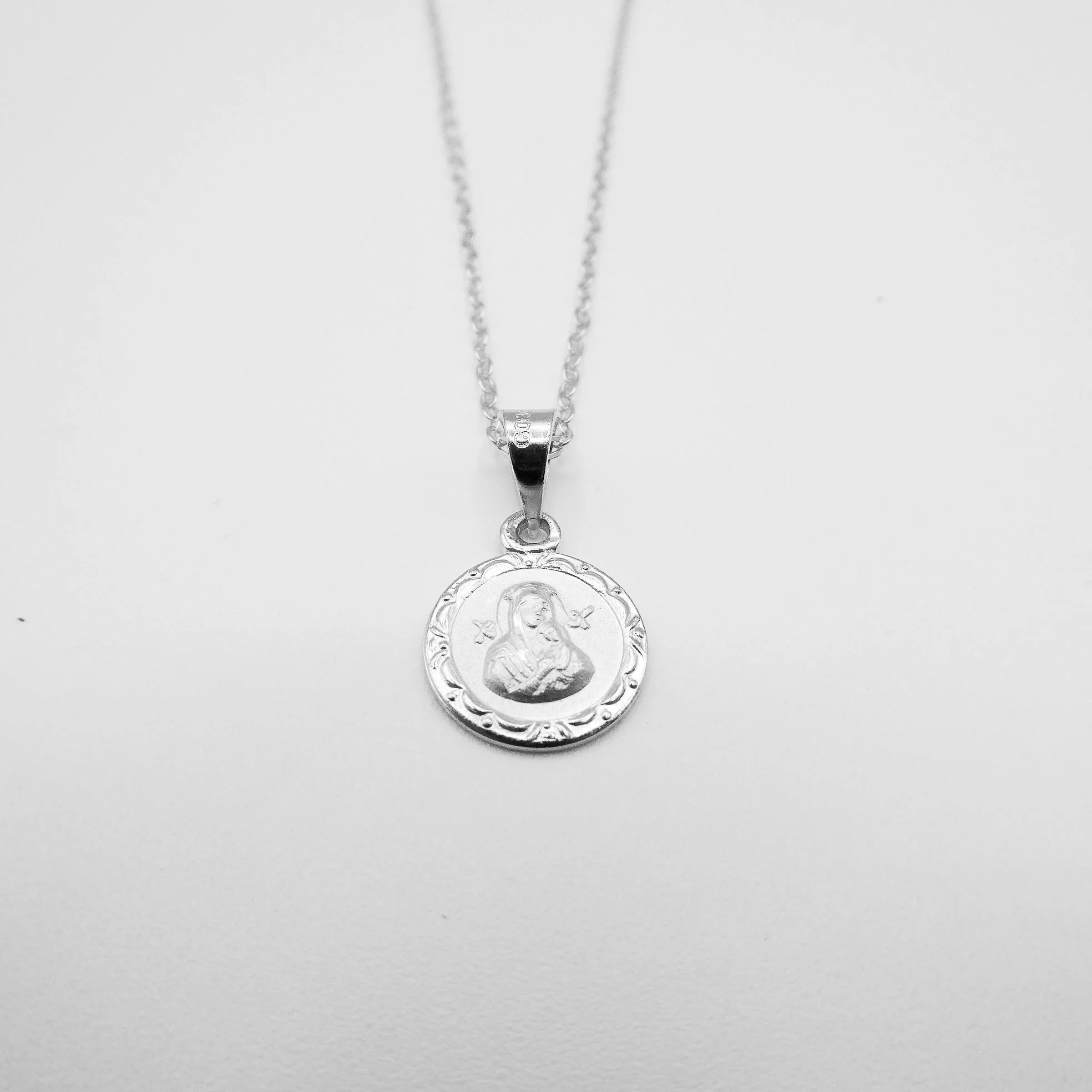 Silver Our Lady of Perpetual Help Medal Mini Round Floral Necklace 18-inch - Image 3