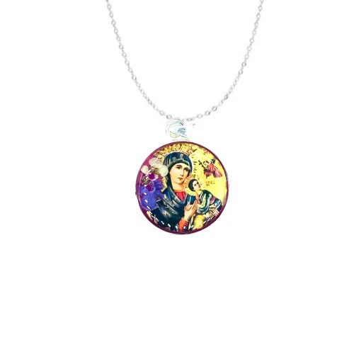 Our Lady of Perpetual Help Small Round Pendant w/ Pressed Flowers 18-inch