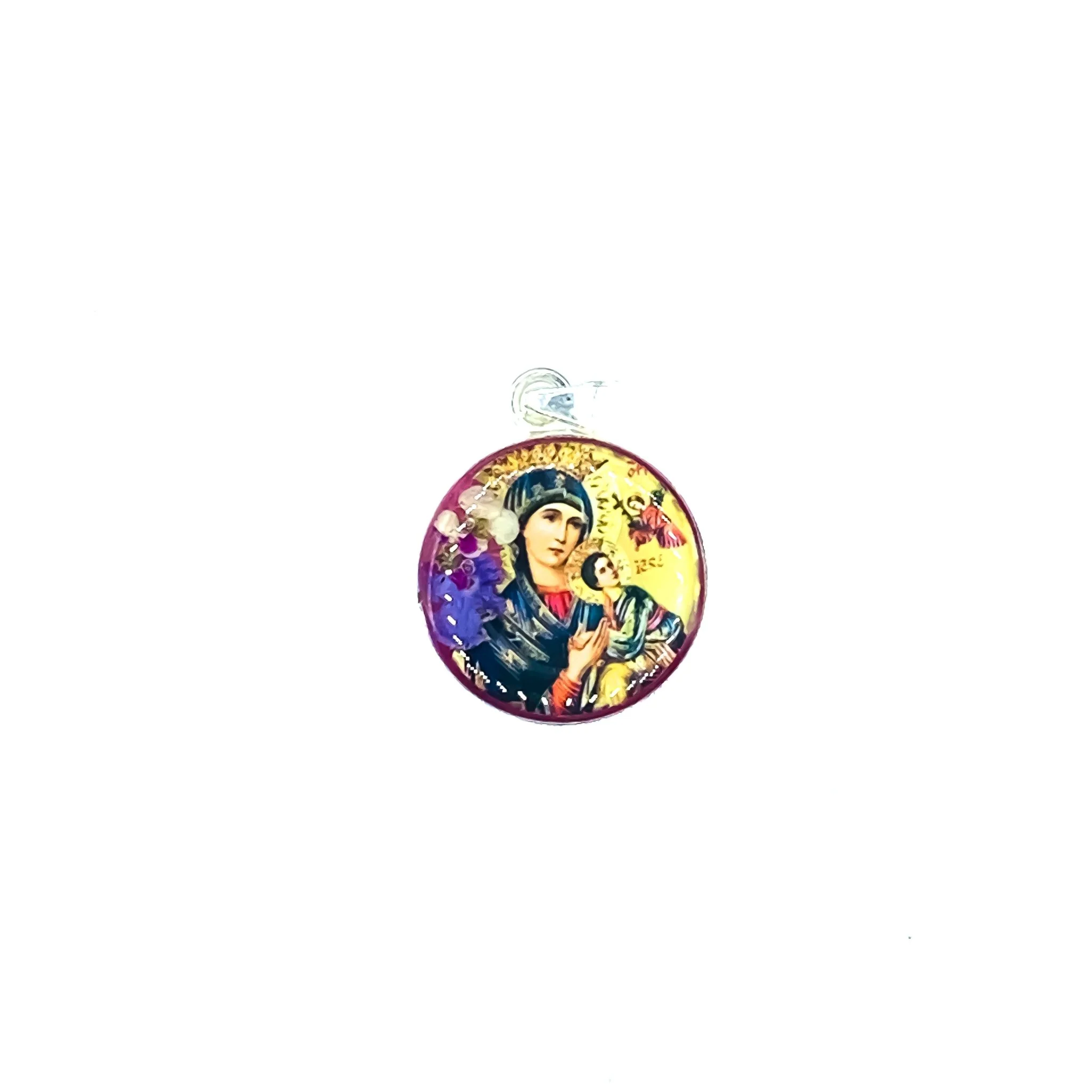 Our Lady of Perpetual Help Small Round Pendant w/ Pressed Flowers 18-inch - Image 2