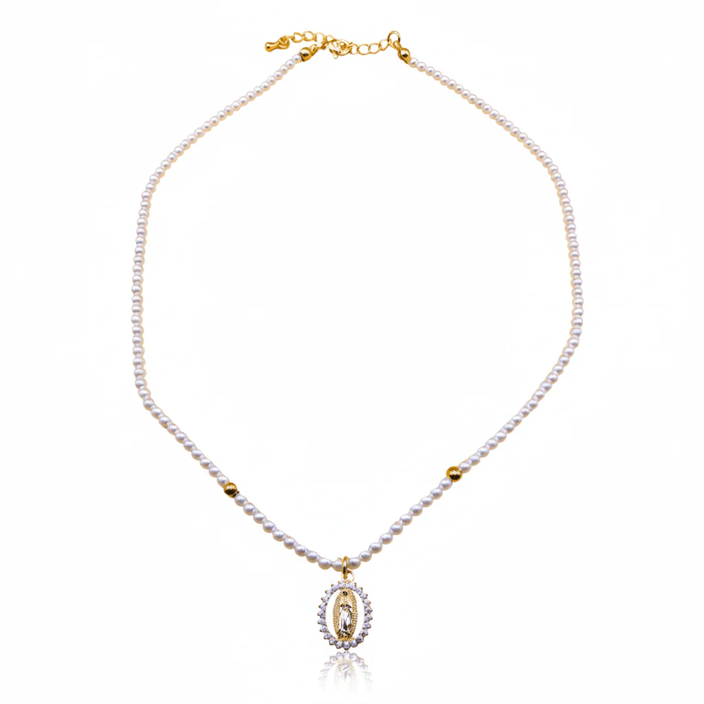 Gold-Plated Guadalupe Pendant Freshwater Pearl Bead Necklace 18-inch