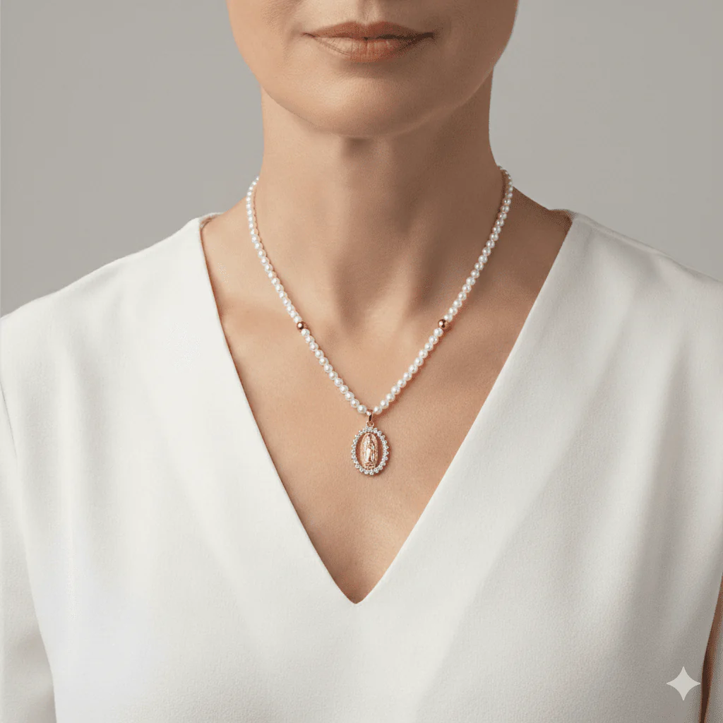 Gold-Plated Guadalupe Pendant Freshwater Pearl Bead Necklace 18-inch - Image 2