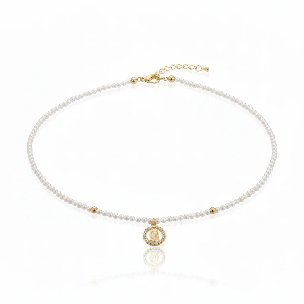 Gold-Plated Guadalupe Pendant Freshwater Pearl Bead Necklace 18-inch - Image 3