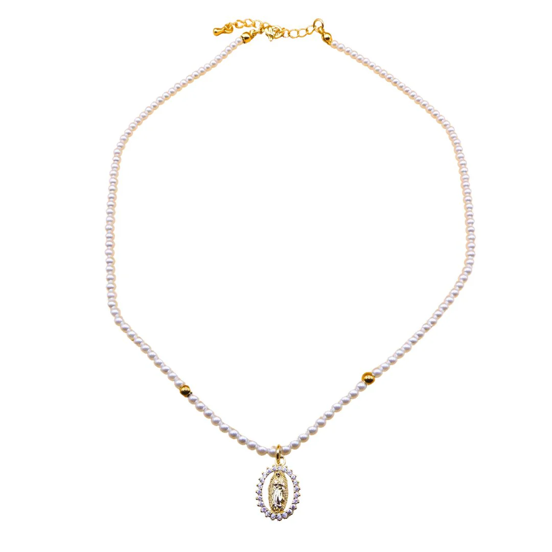 Gold-Plated Guadalupe Pendant Freshwater Pearl Bead Necklace 18-inch - Image 4