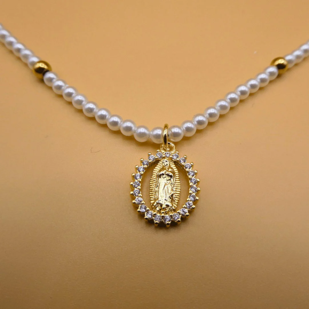 Gold-Plated Guadalupe Pendant Freshwater Pearl Bead Necklace 18-inch - Image 5