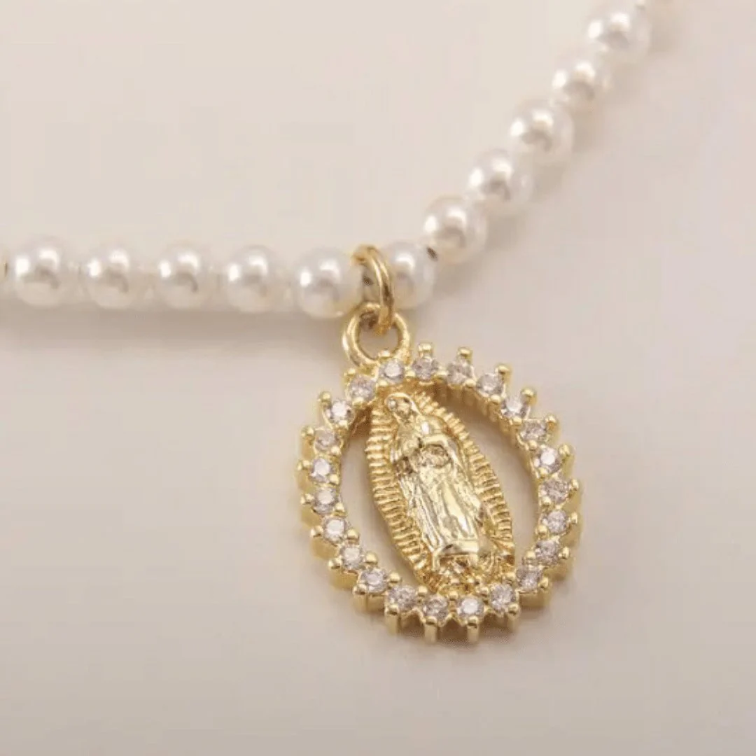 Gold-Plated Guadalupe Pendant Freshwater Pearl Bead Necklace 18-inch - Image 6