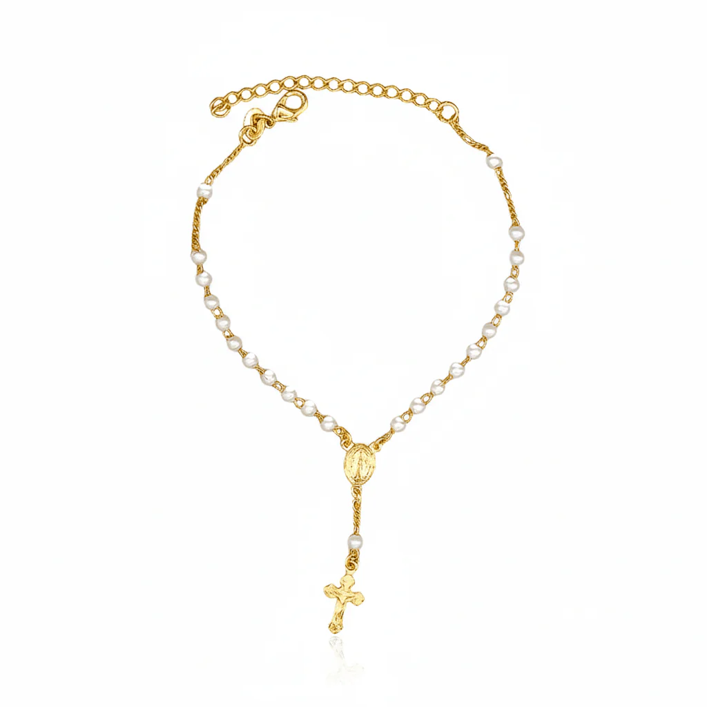 Gold-Plated Rosary Bracelet with Pearls and Virgin Mary Charm 7.5-inch
