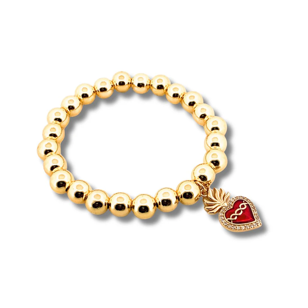 Gold-Plated Sacred Heart Red Enamel Charm Beaded Elastic Bracelet 7-inches
