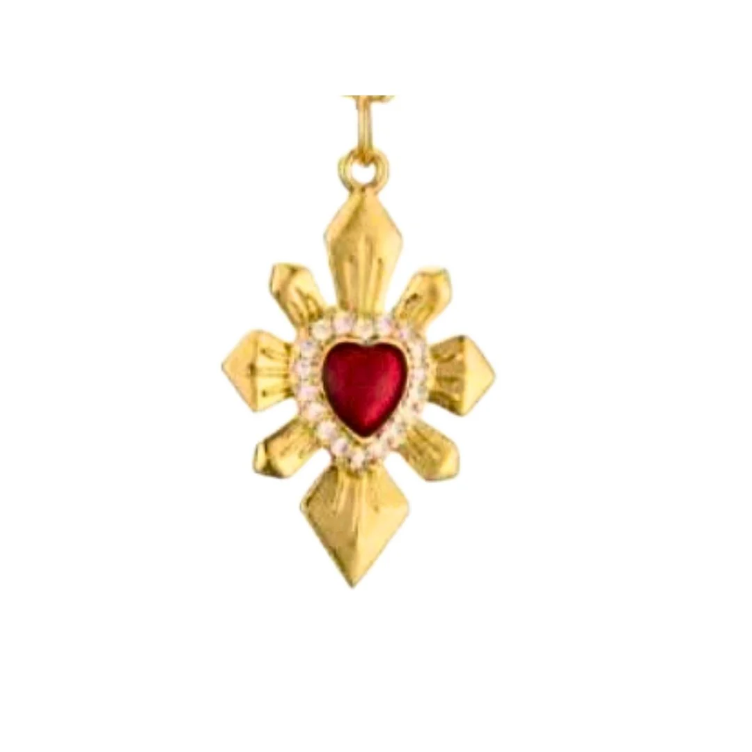 Gold-Plated Sacred Heart Red Enamel Charm Beaded Elastic Bracelet 7-inches - Image 10