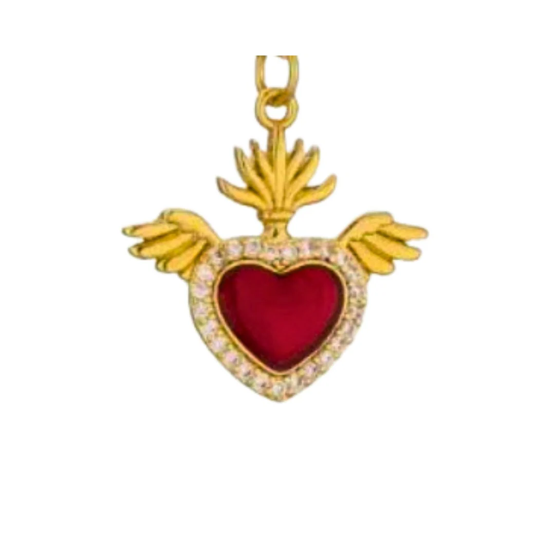 Gold-Plated Sacred Heart Red Enamel Charm Beaded Elastic Bracelet 7-inches - Image 13