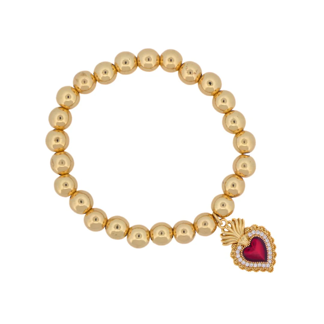 Gold-Plated Sacred Heart Red Enamel Charm Beaded Elastic Bracelet 7-inches - Image 3