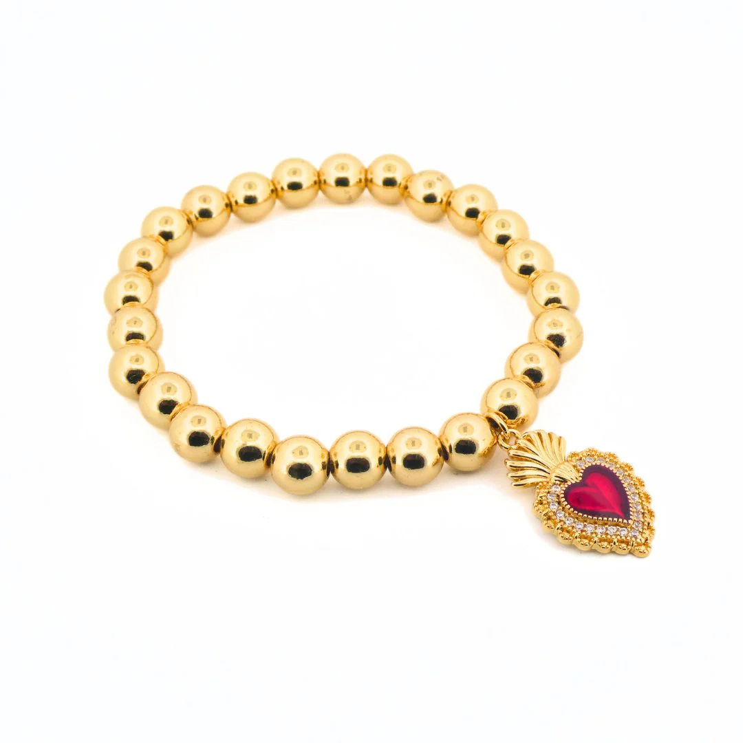 Gold-Plated Sacred Heart Red Enamel Charm Beaded Elastic Bracelet 7-inches - Image 4