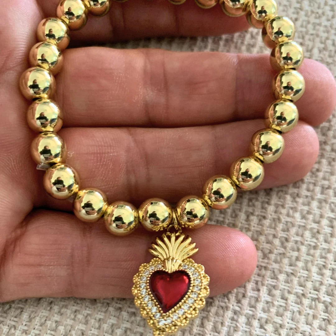 Gold-Plated Sacred Heart Red Enamel Charm Beaded Elastic Bracelet 7-inches - Image 5