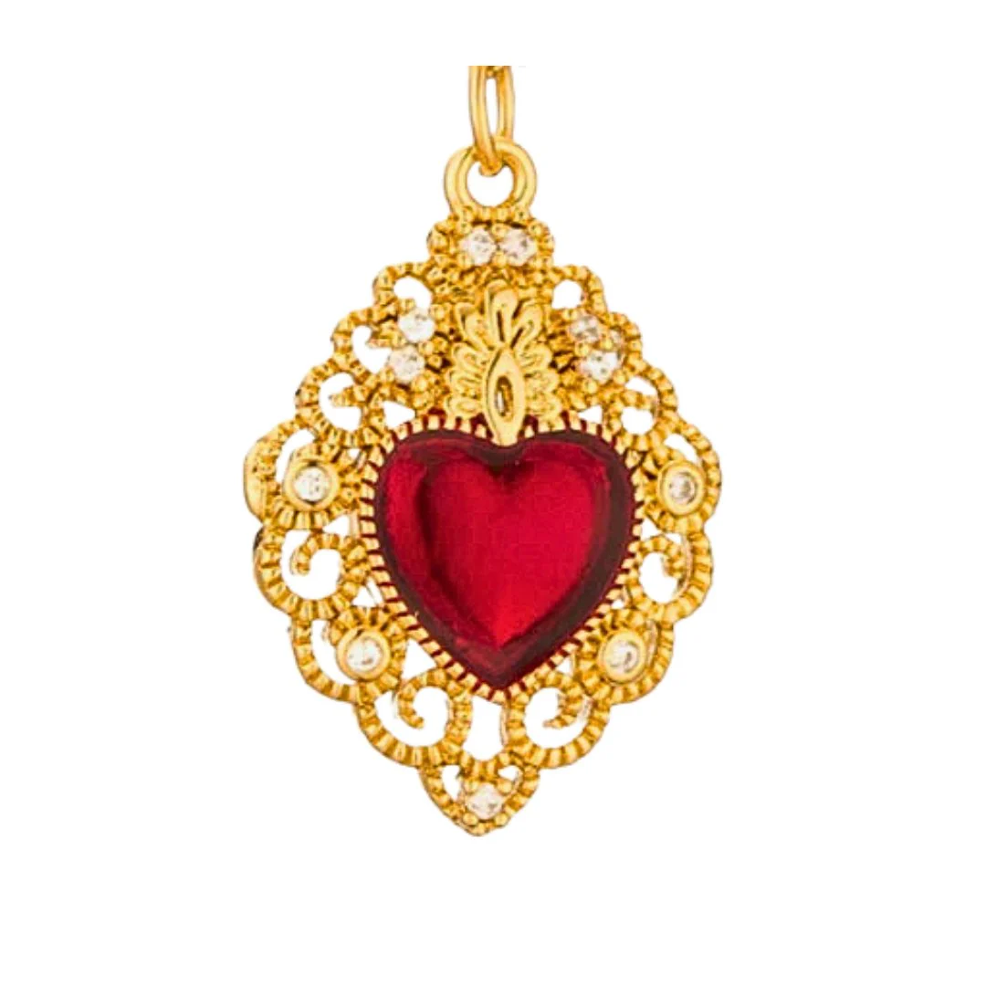 Gold-Plated Sacred Heart Red Enamel Charm Beaded Elastic Bracelet 7-inches - Image 9
